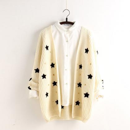 Star Print Knit Cardigan Embroidery Loose V-neck..