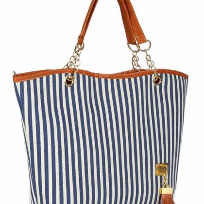 Navy And White Stripes Canvas Tote Bag With..
