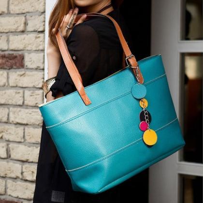 Colour Block Faux Leather Tote Bag With Keychain