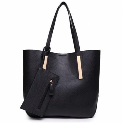 Synthetic Leather Tote Bag With Clutch