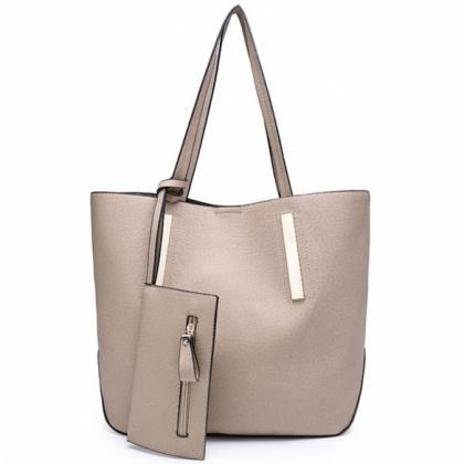 Synthetic Leather Tote Bag With Clutch