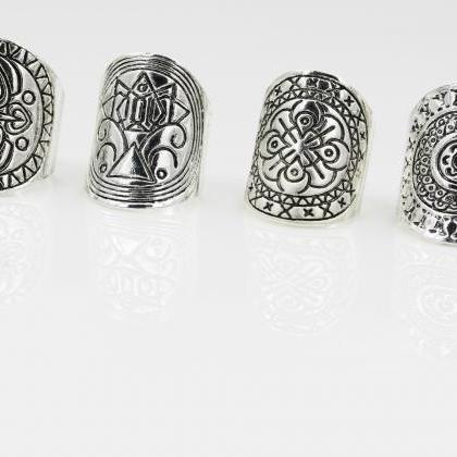 Retro Geometric Carved Totem Ring（a Set Of..