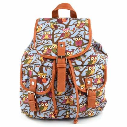 Women Cute Cartoon Owls Pattern Canvas Backpack..