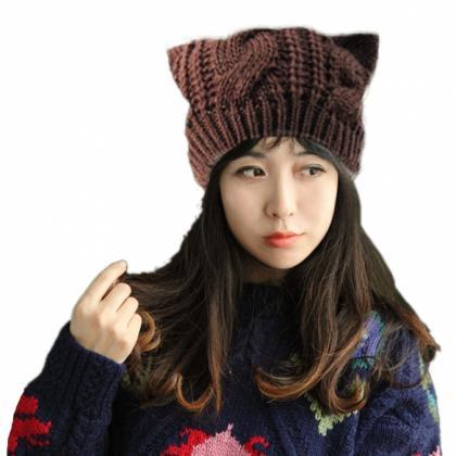 Women Horns Cat Ear Crochet Braided Knit Ski..