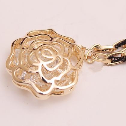 Hollow Out Golden Rose Long Sweater Necklace