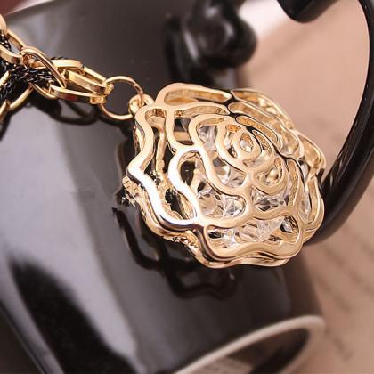 Hollow Out Golden Rose Long Sweater Necklace