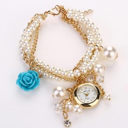 Sell Women Rose Flower Faux Pearl Round Dial..