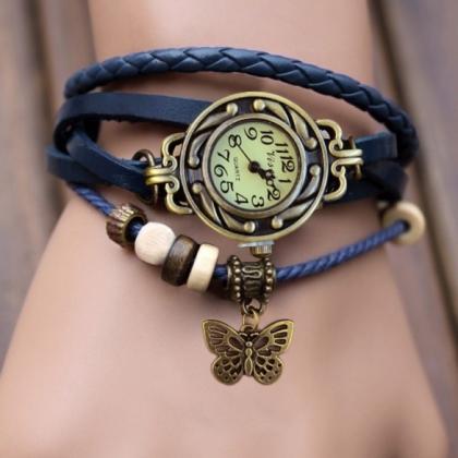 Women Leather Wrist Watch Bracelet Retro Butterfly..