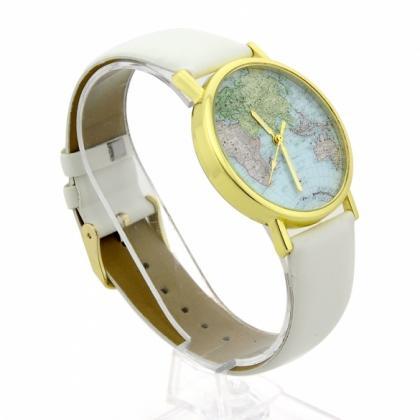 Leather Watches With World Map Watch Dial Unisex