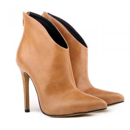 Faux Leather Pointed-toe High Heel Ankle Boots..