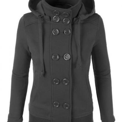 Double Button Hooded Long Sleeves Short Thick Coat