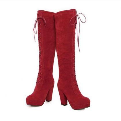 Suede Lace-up Chunky Heel Knee-high Boots