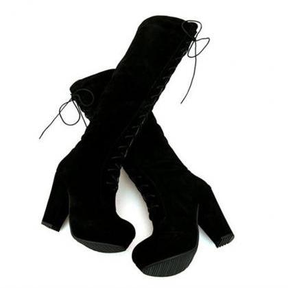 Suede Lace-up Chunky Heel Knee-high Boots