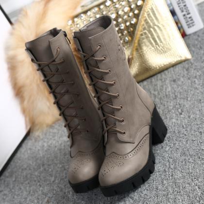 Winter Leather High Heels Lace Up Short Martin..