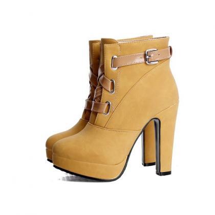 Unique Chunky Heel Winter Lace Up Buckle Martin..