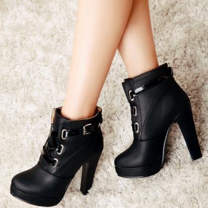 Unique Chunky Heel Winter Lace Up Buckle Martin..