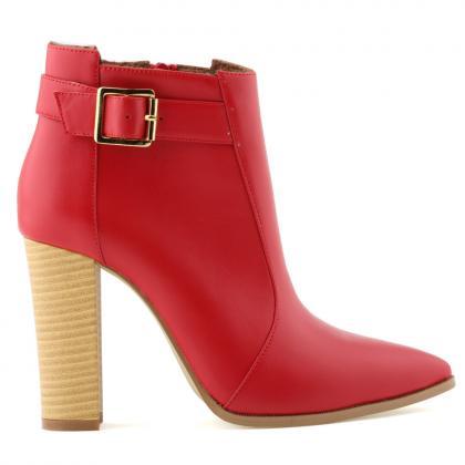 Red Pointed Toe Chunky Heel Ankle Boots With..