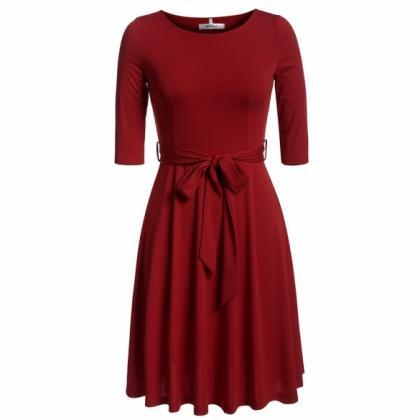 Women Casual O-neck Solid Pleated Dress With Belt