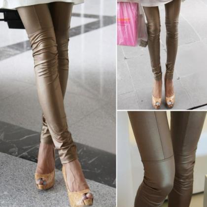 Patchwork Trousers Faux Leather Pants Stretch..