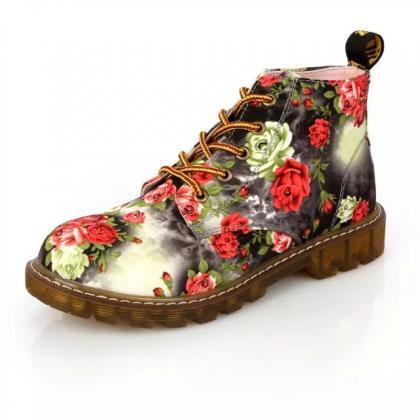 Rose Printed Lace-up Combat Boots