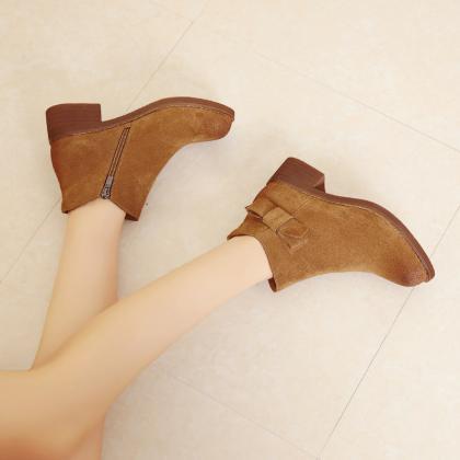 Style Pointed Bowknot Leather Ankle Boots