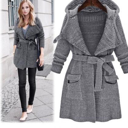 Hooded Thick Belt Pockets Cardigan ..