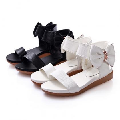 Sweet Bowknot Leather Simple Flat Sandals