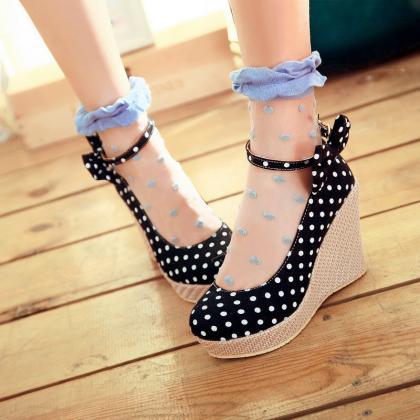 Polka Dot Round Toe Wedge Heels With Ribbon Ankle..