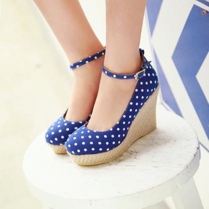 Polka Dot Round Toe Wedge Heels With Ribbon Ankle..
