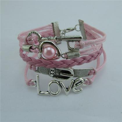 Romantic Pink Love Hearts Pearl Key Ring Bracelet