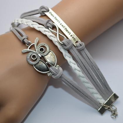 Grey Velvet Rope Weaving Owl Bracelet