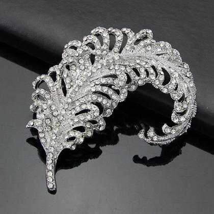 Elegant Feather Diamond Crystal Brooch