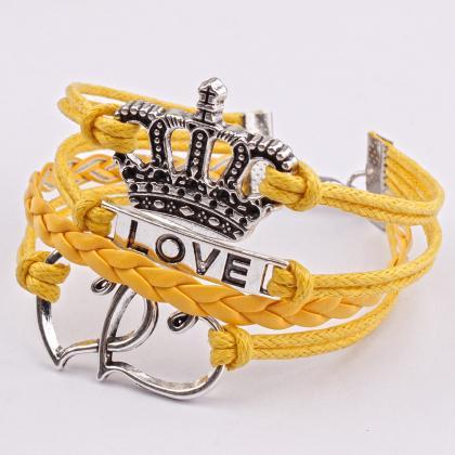 Double Heart Crown Love Leather Cord Bracelet