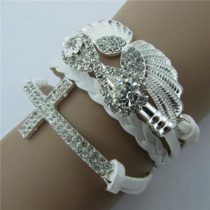 Retro Crystal Angel Wings Cross Leather Cord..