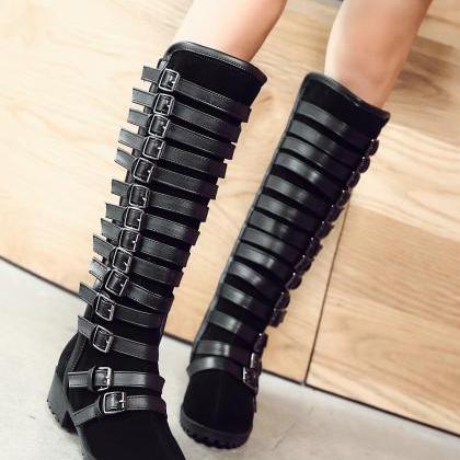 Multilayer Buckle Belt Tall Canister Frosted Boots
