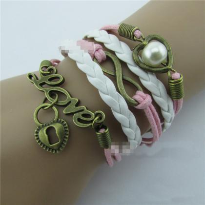Romantic Pink Love Heart Lock Woven Bracelet