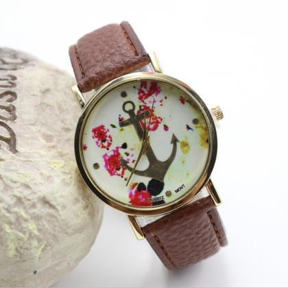 Petal Anchor Leather Watch