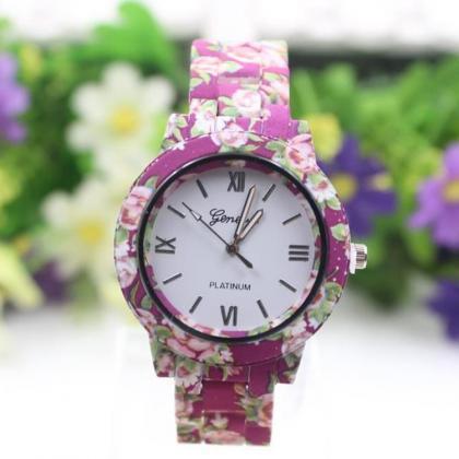 Flower Print Plastic Strap Watch