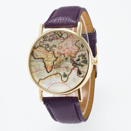Vintage Map Dial Leather Fashion Watch