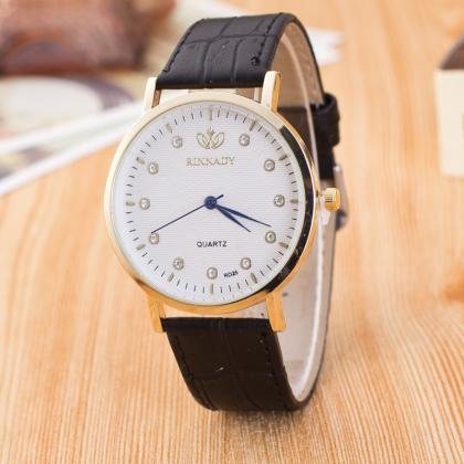 Classic Crystal Dial Leather Watch