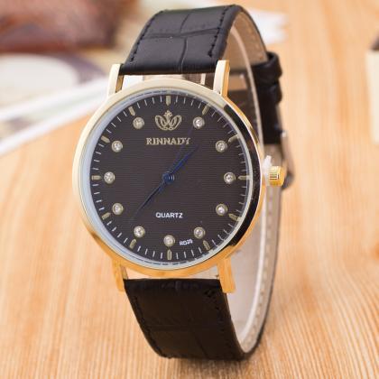 Classic Crystal Dial Leather Watch