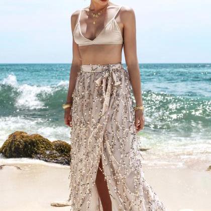 Sequins Tassel Mesh Long Beach Skirt