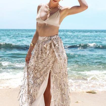 Sequins Tassel Mesh Long Beach Skirt