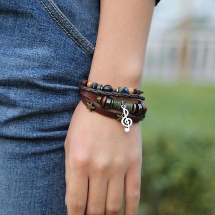 Alloy Note Star Beaded Leather Brac..