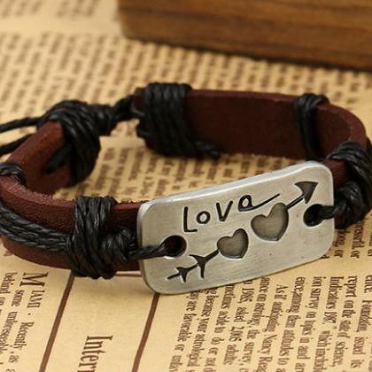 Arrow Through Heart Love Leather Bracelet