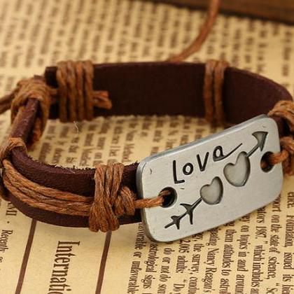 Arrow Through Heart Love Leather Bracelet