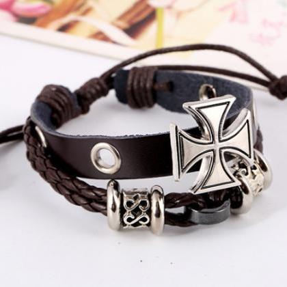 Alloy Beaded Cross Leather Bracelet