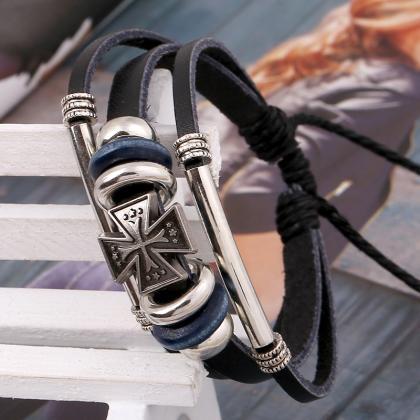 Cross Beaded Leather Bracelet
