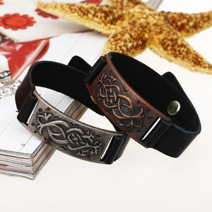Personality Carving Floral Leather Bracelet