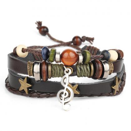 Star Musical Note Leather Woven Bracelet